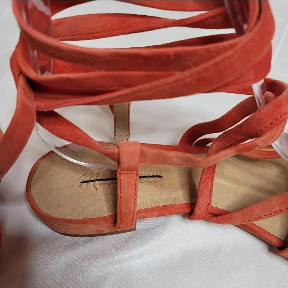 MADEWELL suede Holly ankle wrap flat sandals in‎ red/orange 7.5